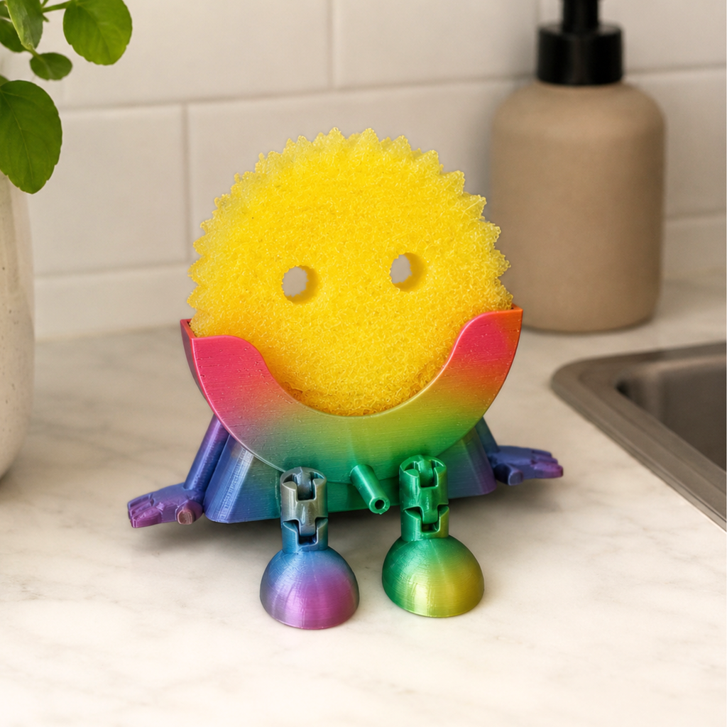 Colorful scrub daddy sponge with a stand on a kitchen counter