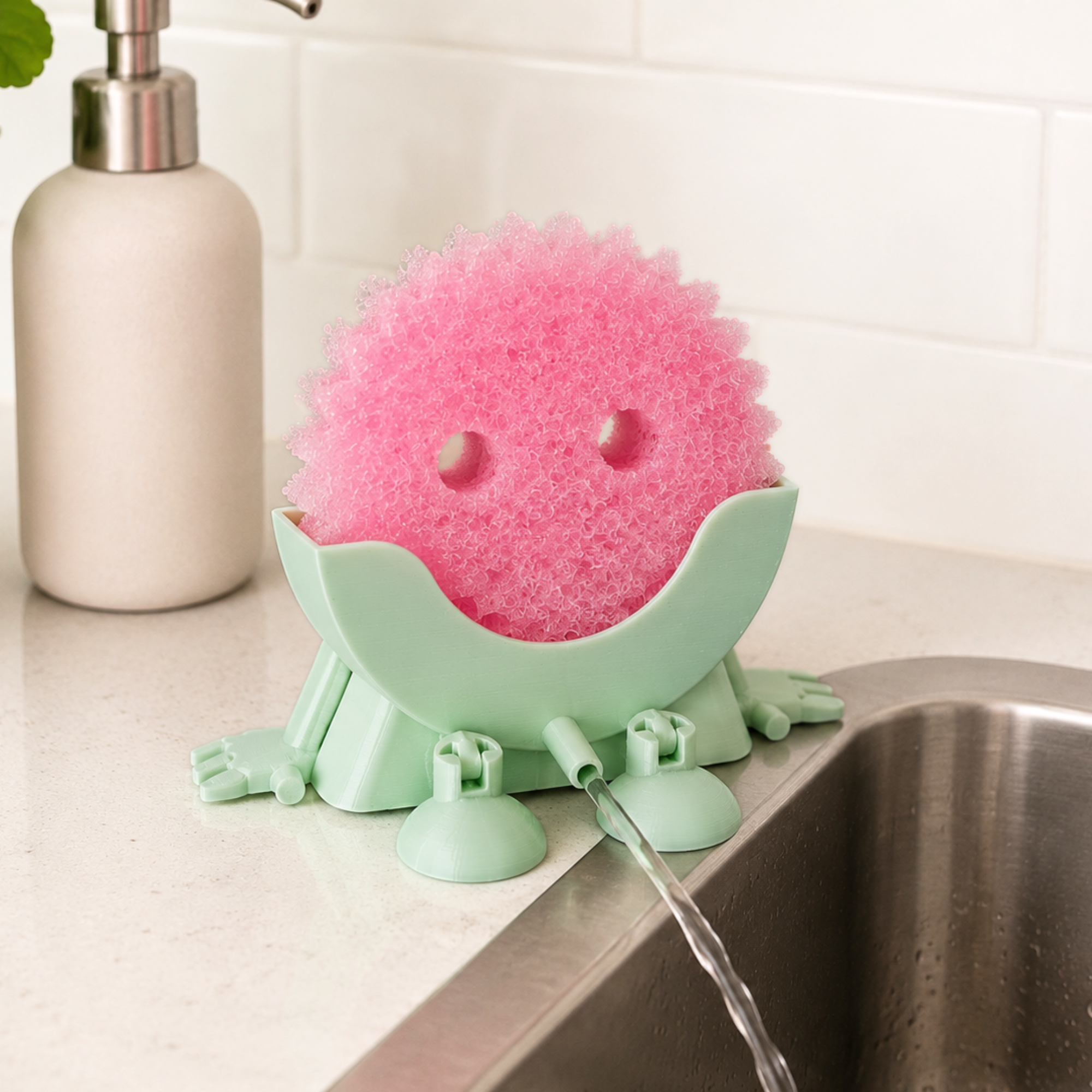 Pink scrub daddy sponge in a green holder on a kitchen counter with water flowing from a faucet.